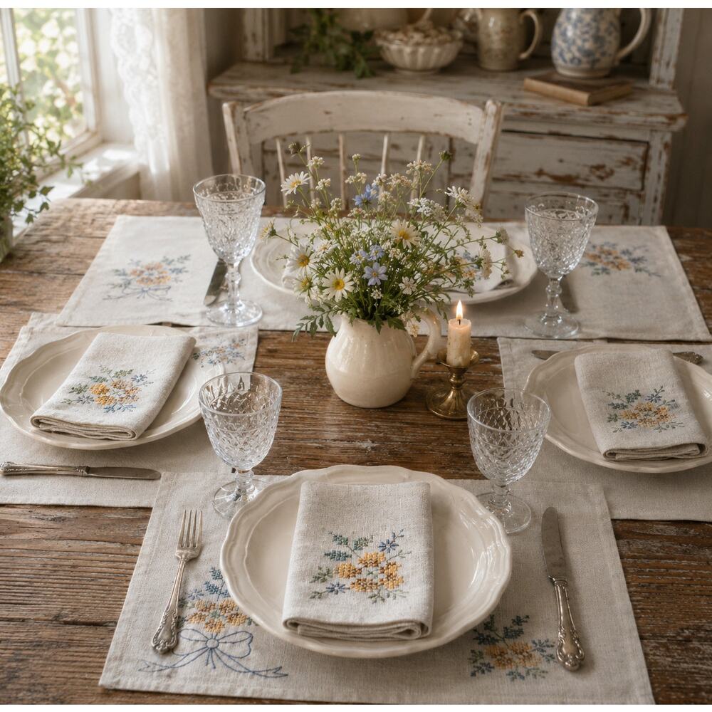 Vtg Hand Embroidered Floral Linen Placemats & Napkins Set Cottagecore Farmhouse